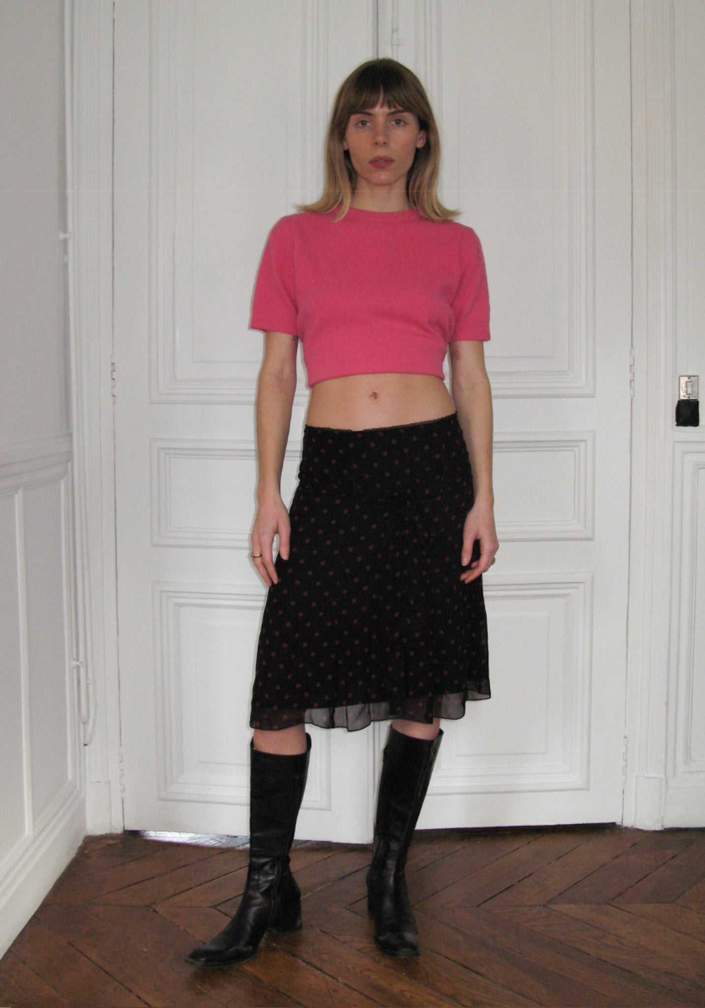 PREORDER - Archive Polka Dot Midi Skirt - Black / Pink