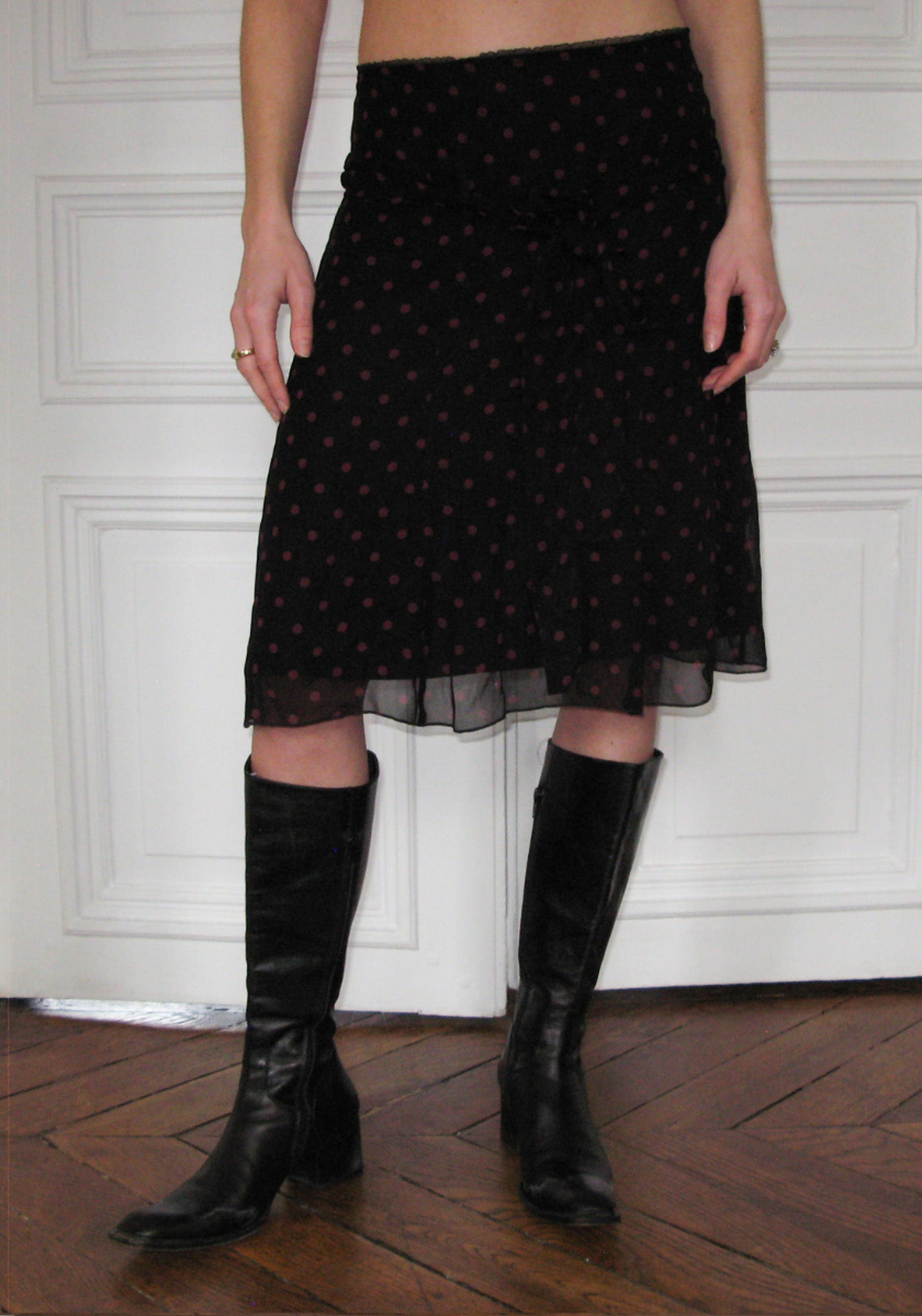 PREORDER - Archive Polka Dot Midi Skirt - Black / Pink