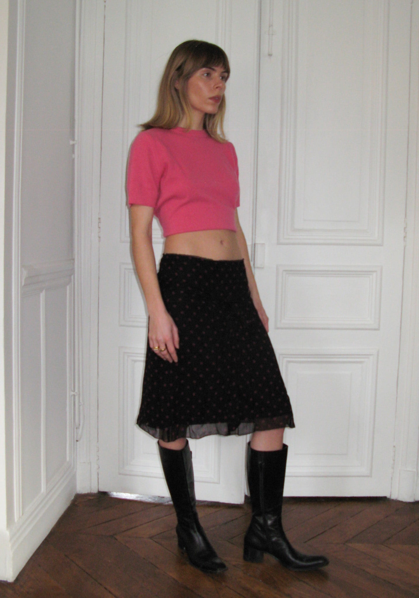PREORDER - Archive Polka Dot Midi Skirt - Black / Pink