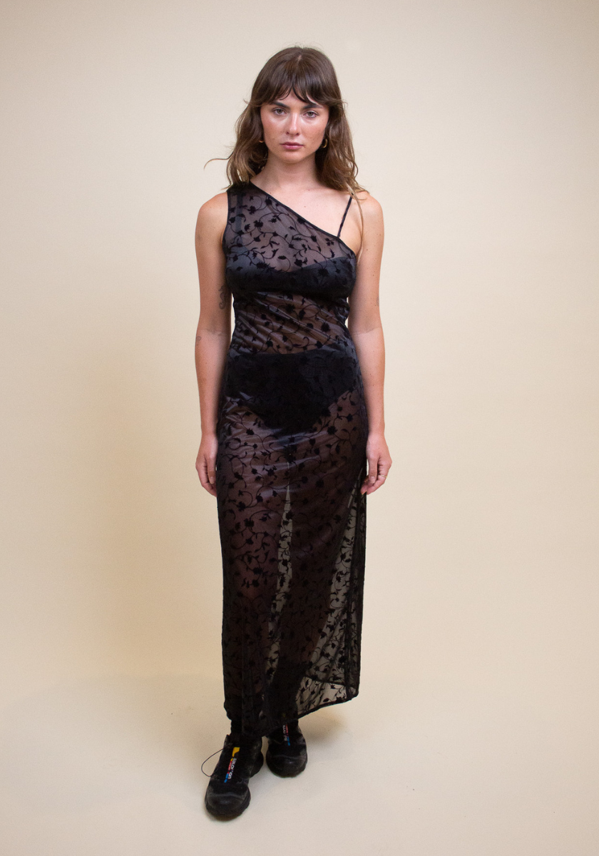 Floral Sheer Midi Dress - Black